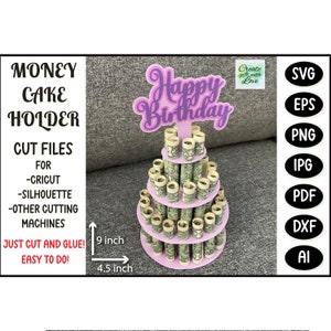 Bolo de dinheiro de aniversário SVG. Porta-moedas em cartolina. Arquivo de corte de modelo SVG para Cricut. Corte de papel svg. Presente. Design de cartão de corte de modelo SVG.