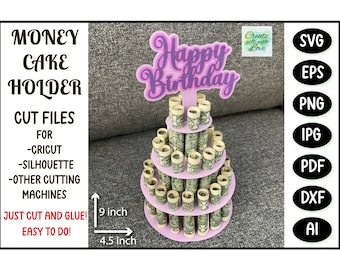 Geburtstag Geld Kuchen SVG. Geldscheinhalter aus Karton. SVG Vorlage Schnittdatei für Cricut. Papierschnitt svg. Geschenk. SVG Vorlage geschnittenes Kartendesign.