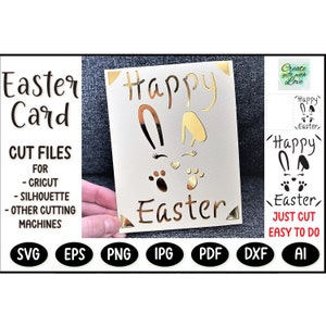 Joyeuses Pâques insérer une carte de coupe, un fichier de modèle SVG avec lapin et œufs pour Cricut Joy / Maker / Explorer. Dessinez et découpez la conception de cartes. Papier découpé svg