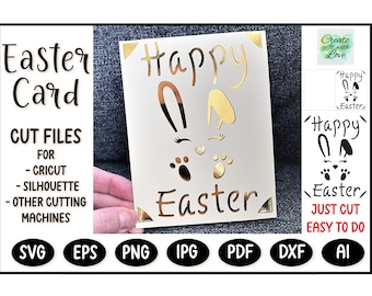 Happy Easter insert cutting Card, SVG template file with bunny and eggs for Cricut Joy/Maker/Explore. Draw and cut card design. Papercut svg