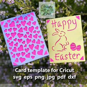Happy Easter insert cutting Cards, SVG template file with bunny and Hearts for Cricut. Draw and cut card design. Papercut. Set of 2 cards.
