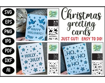Joyeux Noël cartes avec sapin de Noël, colombes, étoiles et neige. Définissez 3 cartes. Fichier de coupe de modèle SVG, carte de vœux pour Cricut. Papier découpé.