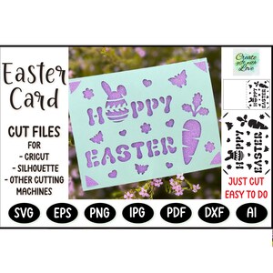 Frohe Ostern Schneidekarte, SVG Vorlage mit Hase und Eiern für Cricut Joy/Maker/Explore. Kartendesign zeichnen und ausschneiden. Papierschnitt svg