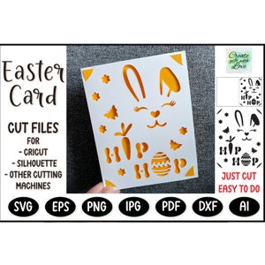 Happy Easter insert cutting Card, SVG template file with bunny and eggs for Cricut Joy/Maker/Explore. Draw and cut card design. Papercut svg