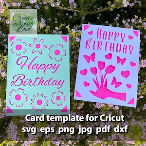 Feliz cumpleaños cortando tarjetas SVG archivo con mano, tulipanes, corazones y mariposa para Cricut Joy, Maker y Explore Air. Archivo de corte de silueta.