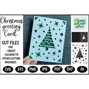 Tarjeta de Feliz Navidad con árbol de Navidad, estrellas y nieve. Archivo de corte de plantilla SVG, tarjeta de felicitación para Cricut Joy, Explore, Maker. Corte de papel.