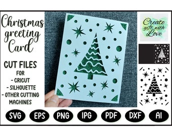 Carte de Joyeux Noël avec sapin de Noël, étoiles et neige. Fichier de découpe de modèle SVG, carte de vœux pour Cricut Joy, Explore, Maker. Papier découpé.