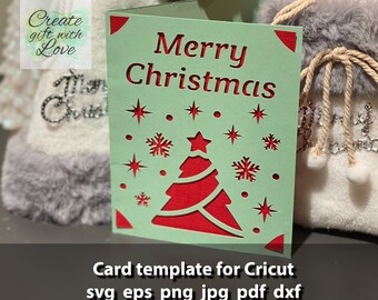 Merry Christmas Tree Card SVG template cut file, Greeting Card for Cricut Joy.