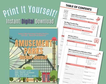 Amusement Parks Bucket Journal | Theme Park Planner Journal | Roller Coasters | Printable PDF Travel Journal | Bucket List Ideas | Vacation