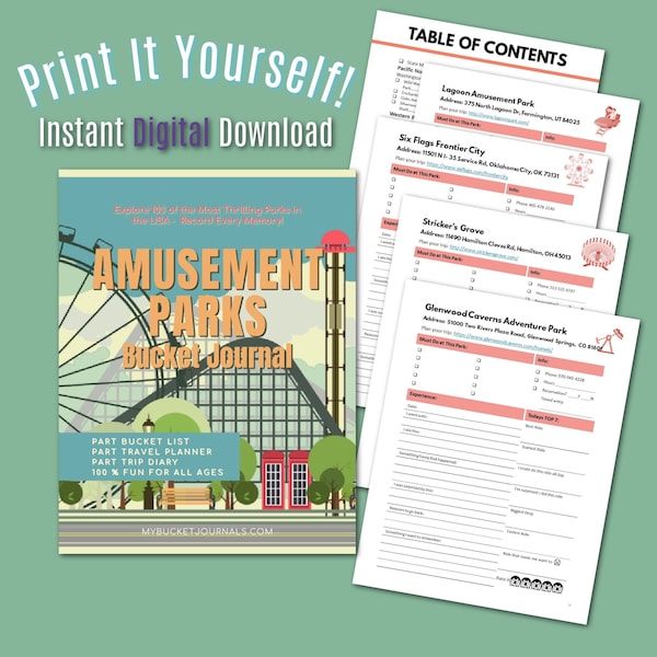 Amusement Parks Bucket Journal | Theme Park Planner Journal | Roller Coasters | Printable PDF Travel Journal | Bucket List Ideas | Vacation