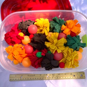 May include: A clear plastic container filled with colourful felt balls and pom-poms. The container is sitting on a white surface with a ruler next to it.