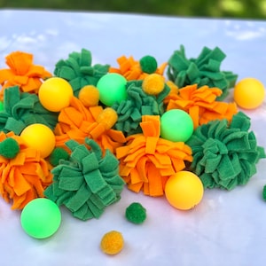 PUMPKIN Orange and Green REFILL FILLER toys for Hedgehog Dig Box -Burrowing Fleece Ping Pong Balls Pom Poms-Small Animal Toys Supplies