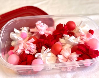 Valentine Hedgehog Dig Box - Red, Pink, and White - Burrowing - Fleece, Ping Pong Balls, Small Pom Poms - Hedgehog Toys - Forage Box