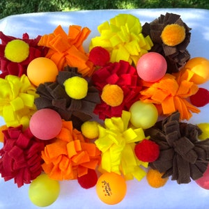 May include: A collection of felt flower dog toys in red, orange, yellow, and brown. The toys are arranged on a white surface with several orange and pink balls.