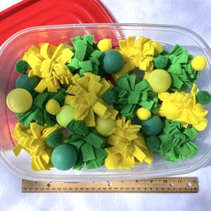 Green and Yellow Dig Box - Small Animal Toys Supplies - Hedgehog Mom Dad  - Fleece, Ping Pong Balls, Pom Poms - Small Animal Dig Box