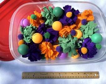 Orange Green and Purple Dig Box - Small Animal Toys Supplies - Hedgehog Mom Dad  - Fleece, Ping Pong Balls, Pom Poms - Small Animal Dig Box