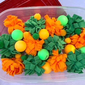 PUMPKIN Orange and Green Dig Box - Small Animal Toys Supplies - Hedgehog Toys Mom Dad  Fleece, Ping Pong Balls, Pom Poms Mental Stimulation