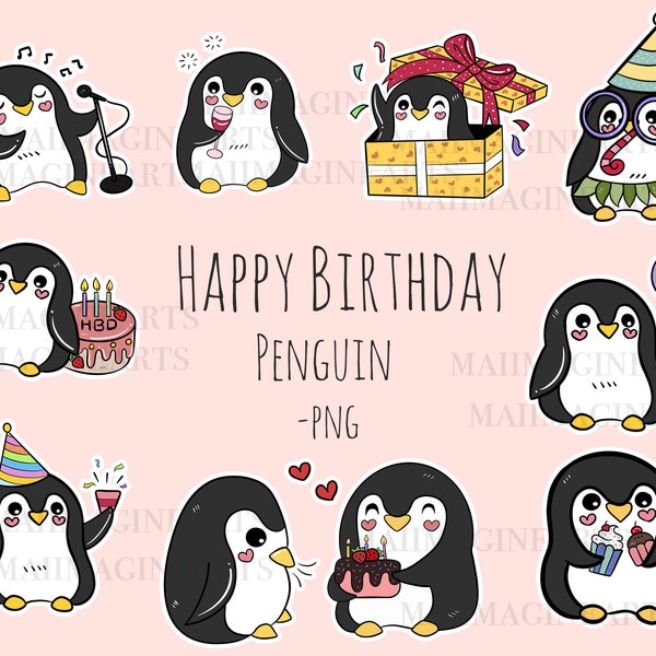 Kawaii Penguin PNG, Birthday Theme, Penguin Clipart Bundle, Cute animal hand-drawn, Instant Download, DIY Ideas, Sticker for planner.