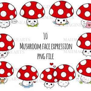 Puede incluir: Conjunto de diez ilustraciones digitales de setas de dibujos animados rojas y blancas con diferentes expresiones faciales. Las setas están en varias poses, incluyendo sosteniendo un corazón, durmiendo y jugando con un hula hoop. El texto "MUSHROOM FACE EXPRESSION PNG FILE" está escrito debajo de las setas.