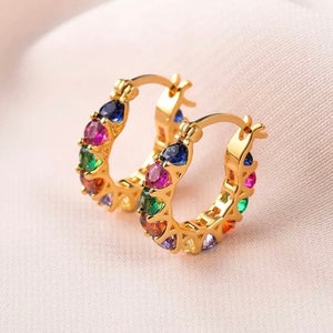 Rainbow Mini Hoop Huggie Earrings, 18K Gold Plated CZ Hoop Earrings, 925 Sterling Silver, Small Gold Color Hoops, Colorful Dainty Hoops