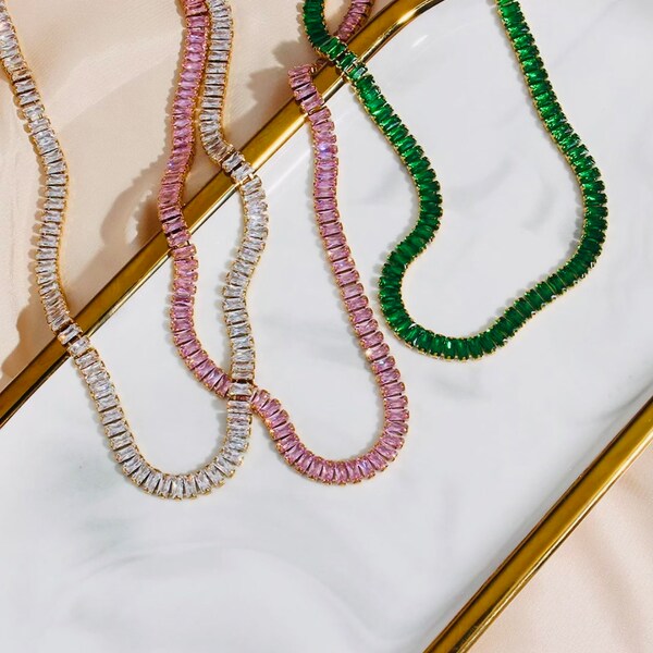 Baguette Diamond Tennis Choker Necklace, Clear Pink Green CZ Square Tennis Necklace, Stainless Steel Necklace, PVD 18K Gold Plated Necklace