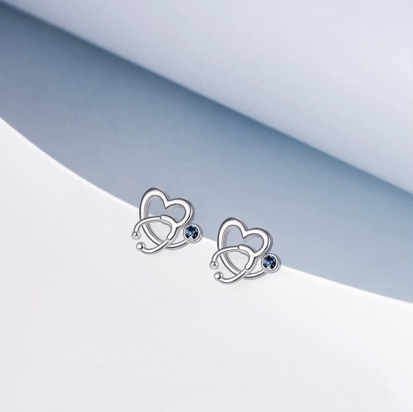 Heart Shaped Stethoscope Love Stud Earrings 925 Sterling Etsy