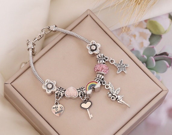 Silver Rainbow Heart Charm Bracelet, Flower Key Charm Bead