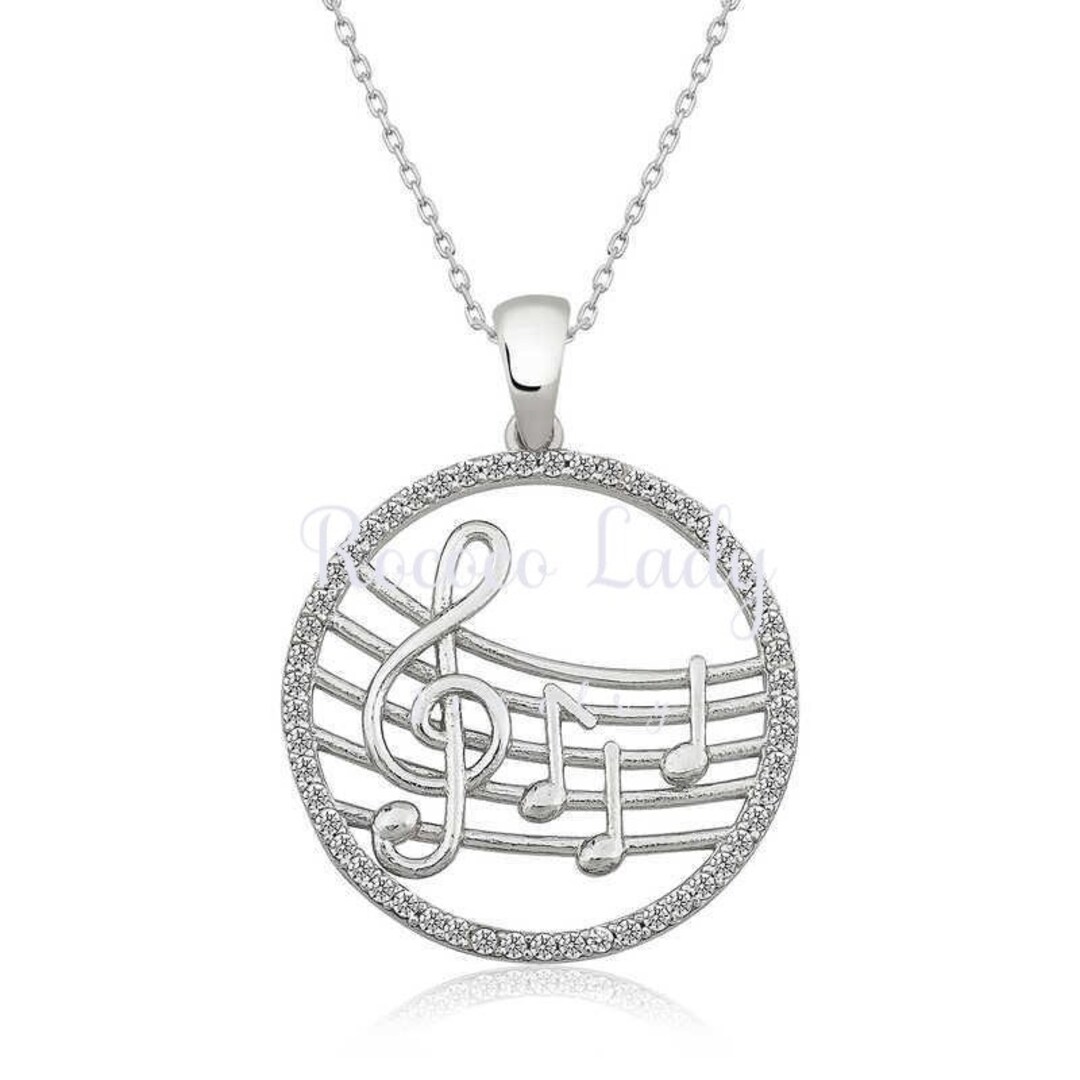 Silver Music Note Necklace Treble Clef Cubic Zirconia Rhodium Etsy