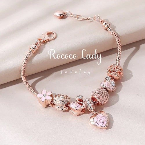 Bracciale Bangle 18K Rose Gold Filled – Perle 4mm Con Cuore Di Cristallo – Gossip Girl - 3