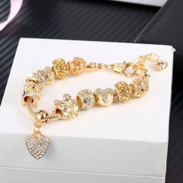 Handmade Gold Plated Big Heart Bracelet,Bead Diamond Bracelet, Gold Crystal Heart Bracelet,Crystal,Spacer Charm Bracelet,Bridesmaid Gift