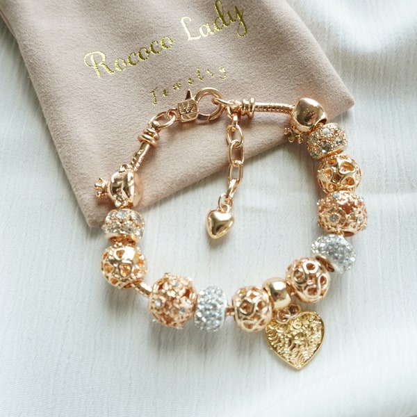 18k Gold Plated and Rose Gold Crystal Heart Charm Bracelet,Cute Charm Bracelet,Add a Charm Bracelet,Lucky Charm Bracelet,Bridesmaid Gift,