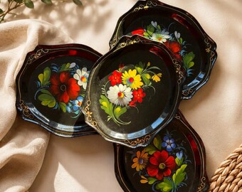Vintage Toleware Plates, Hand Painted Floral Design, Set of 4