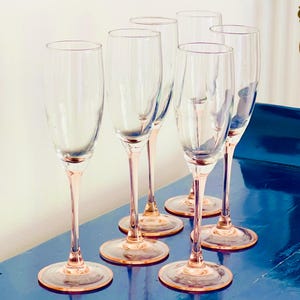 Set of 6 Vintage 1970s French Champagne Glasses | Pink Stem Coupes | Retro Mid-Century Barware | Rose Wedding Toast Glasses