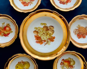 Retro Porcelain Punch Bowl Set: Fruit Serving Bowls with Golden Rim