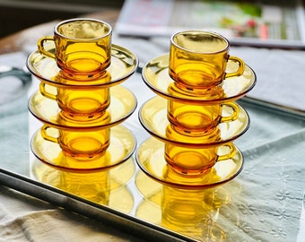 6 sets of vtg. French glass espresso coffee cups & saucers, unique and elegant design, excellent glass quality