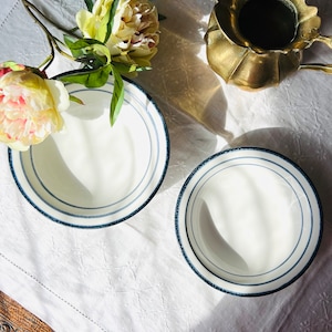 Può includere: Due ciotole bianche con strisce blu su una tovaglia bianca. Le ciotole sono vuote e hanno un leggero riflesso di luce. Un'anfora di ottone e un mazzo di peonie bianche sono sullo sfondo.
