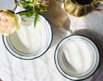 1970s Sweden Rörstrand bowl, "FJORD" pattern with dark blue strip motif, Scandinavian simplicity,  modern minimalism style