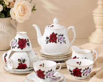Vintage Colclough Bone China Tea Set: English Floral Teapot, Cups, Saucers (21 Piece)