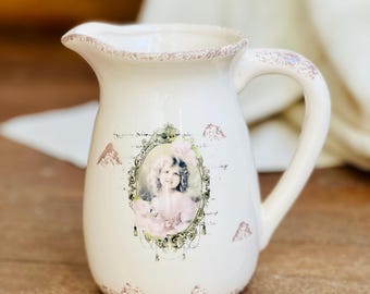 Vintage Floral Portrait Milk Jug – Ceramic Cream Pitcher, French Farmhouse Vase