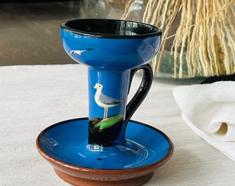 Vintage Blue bird-themed Hand-Painted Ceramic Candle Holder – Coastal Folk Art Pottery with Terracotta Base