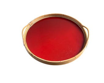 1960s Scandi Red Lacquer Ratton Serving tray: Boho Mid Century Decor