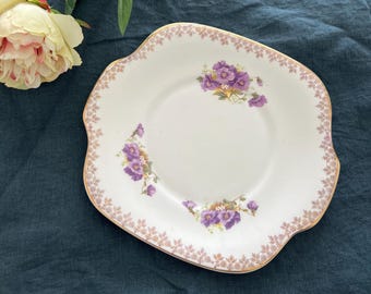 Vintage Crown Staffordshire Bone China Cake Plate: Floral Gold Trim