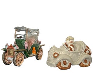 Vintage Ceramic Cartoon Car Figurines: Hand-Painted Mid-Century Decor