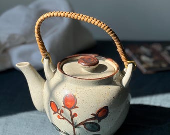 1970s Japanese Stoneware Teapot, Floral Motif, Rattan Handle, Wabi-Sabi
