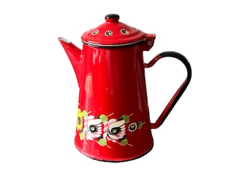 Vintage Red Enamel Floral Folk Art Coffee Pot: Retro Kitchenalia, 1960s Canaware Style
