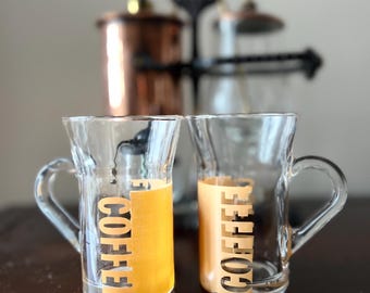 Vintage Glass Coffee Mugs: Yellow Motif, Playful Design (Pair)