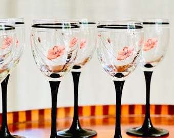 Vintage Johnson Brothers Summerfields Wine Glasses (Set of 6): Pink Floral, Black Stem