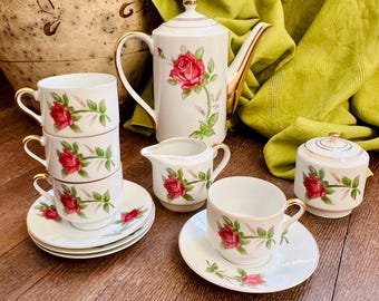 Vintage Red Rose Porcelain Coffee Set: Gold Trim, Mid-Century Modern