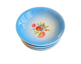 Vintage Czechoslovakia Porcelain Bowls: Blue Floral Dessert Set of 6