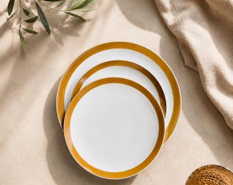 Vintage Baumann Dinnerware Set for Two: Brown Rim Minimalist Porcelain